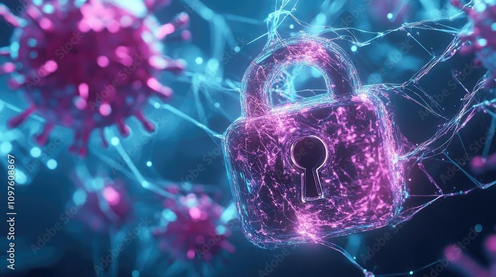 Poster Futuristic digital padlock protecting sensitive data, with abstract data streams and virus shields in the background.