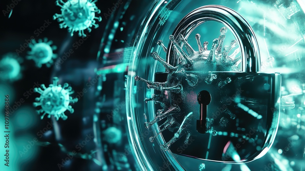 Poster Futuristic digital padlock protecting sensitive data, with abstract data streams and virus shields in the background.