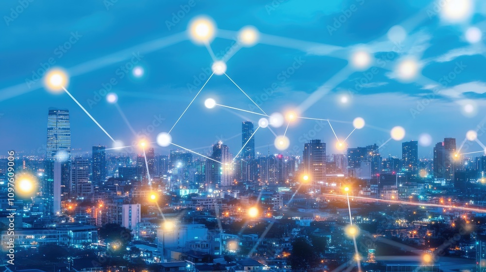 Poster High-tech city grid with digital data points lighting up the skyline, showing the connection between urban growth and data analytics.