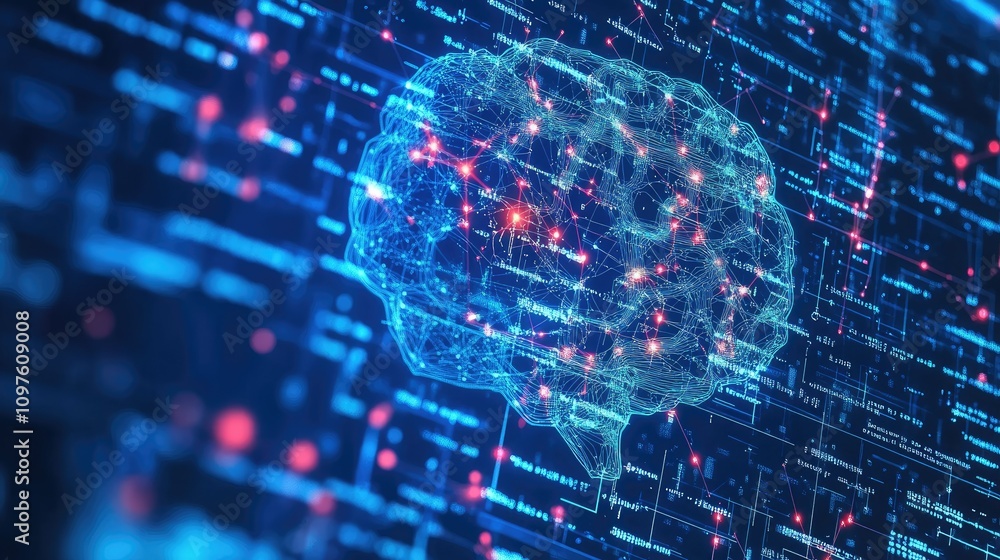 Leinwandbilder High-tech AI circuitry with deep learning algorithms represented by glowing lines and patterns across a digital screen.