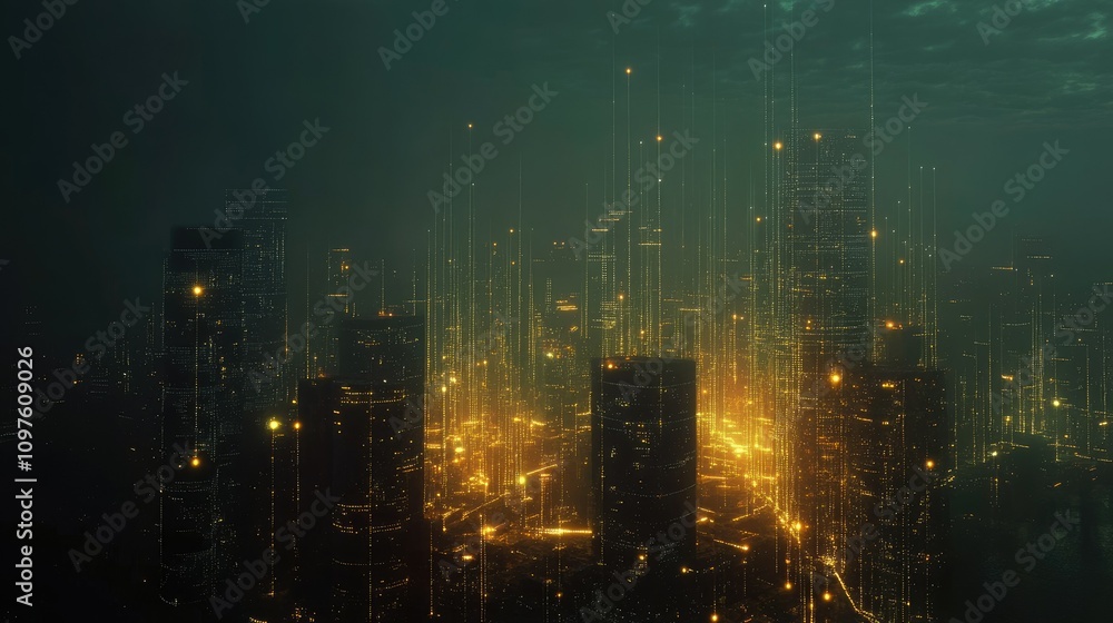 Aufkleber High-tech city grid with digital data points lighting up the skyline, showing the connection between urban growth and data analytics.