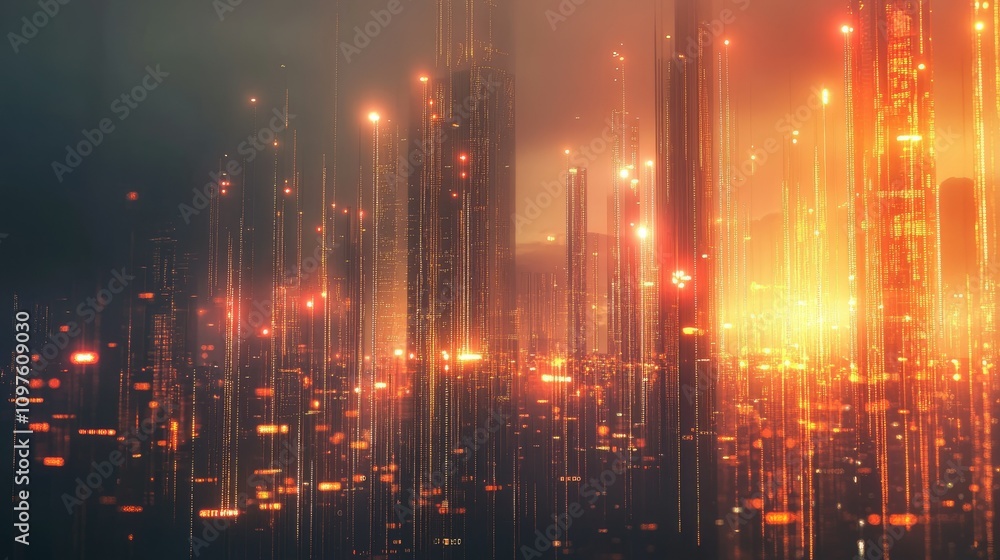 Poster High-tech city grid with digital data points lighting up the skyline, showing the connection between urban growth and data analytics.