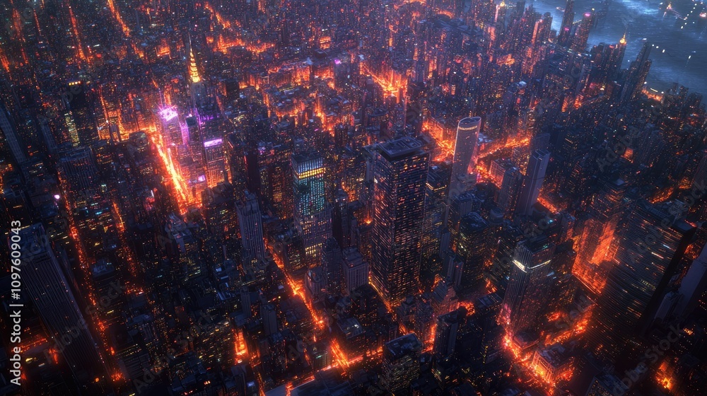 Aufkleber High-tech city grid with digital data points lighting up the skyline, showing the connection between urban growth and data analytics.