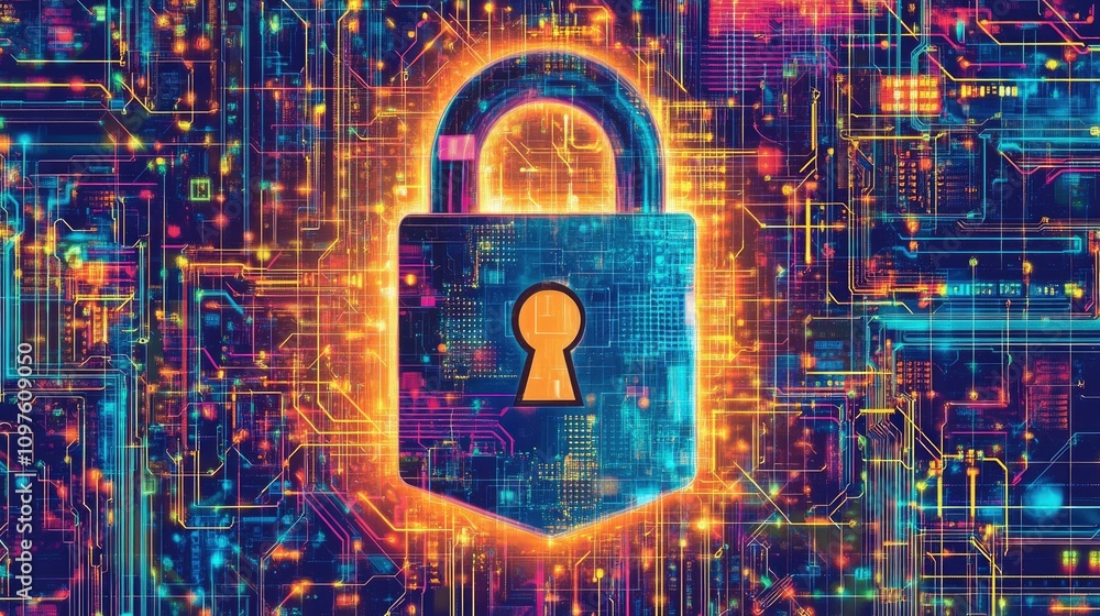 Aufkleber High-tech digital lock and shield graphic overlaid with secure data streams and a background of cybersecurity defense mechanisms.
