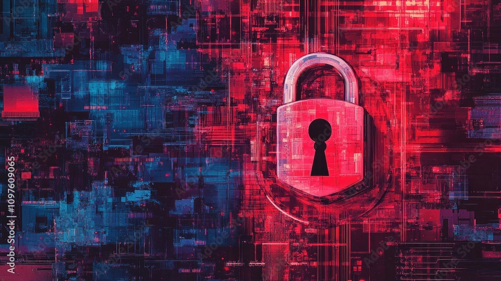 Aufkleber High-tech digital lock and shield graphic overlaid with secure data streams and a background of cybersecurity defense mechanisms.