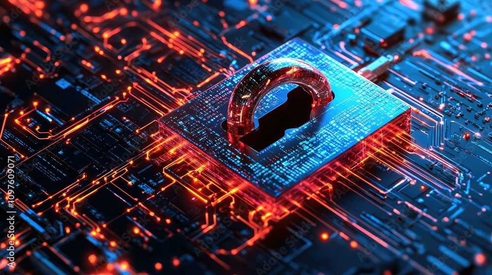 Poster High-tech digital lock and shield graphic overlaid with secure data streams and a background of cybersecurity defense mechanisms.