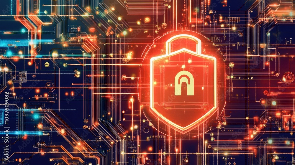 Poster High-tech digital lock and shield graphic overlaid with secure data streams and a background of cybersecurity defense mechanisms.