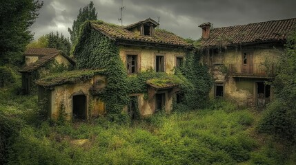 Overgrown and abandoned houses in a rural village in Salamanca, Spain, depicting the signs of depopulation and decay in the countryside.