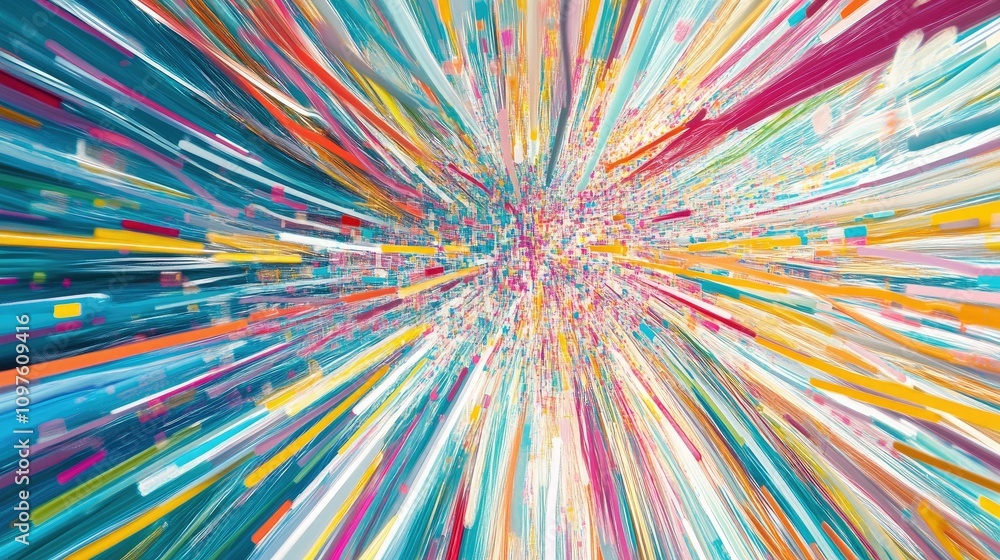 Poster vibrant abstract representation of multicolored data streams converging on a central point in a high