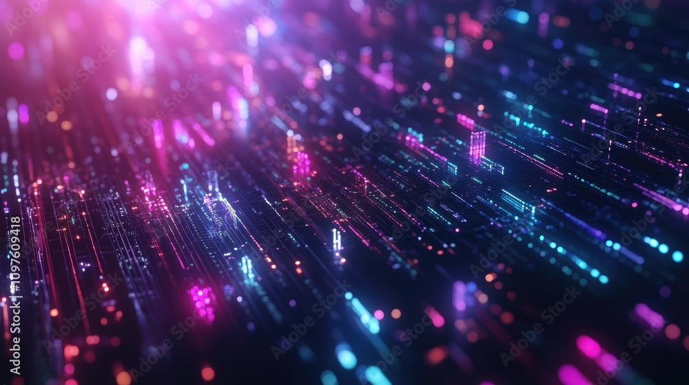Poster Vibrant abstract representation of multicolored data streams converging on a central point in a high-tech digital world.
