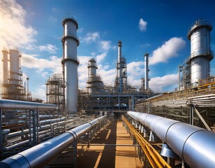 A sprawling industrial site with towering structures and pipelines