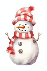 Cute snowman wearing santa hat winter white white background.