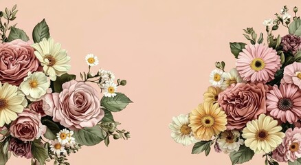 Floral Border with Pink Roses Daisies and Yellow Carnations on Peach Background