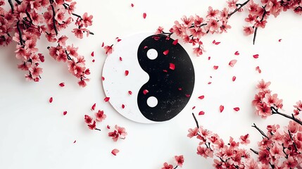 Yin yang symbol surrounded by cherry blossoms.
