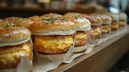 A tempting line of breakfast sandwiches ready for takeaway in cozy cafe setting ideal for a morning boost