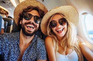 Young couple having fun on a plane selfie during summer vacation together happy travel experience
