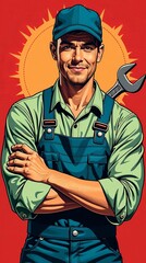 A confident mechanic posing with a wrench against a vibrant sunburst backdrop