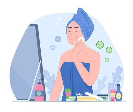 woman cleaning face, blue towel, skincare routine clip art preview