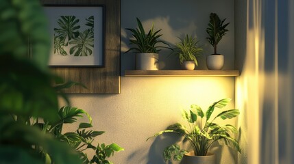 Obraz premium Lush Indoor Plants and Soft Lighting in Cozy Living Space Decor