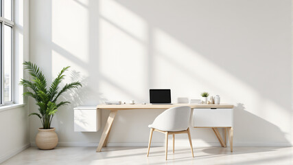 Minimal Office Setup with Laptop, Chair, and Plant