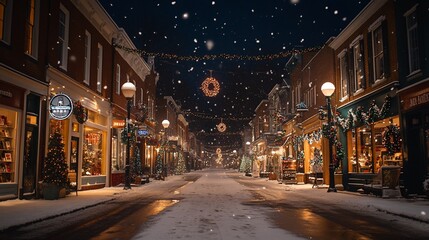 Snowy Christmas night street scene with illuminated shops and falling snow.