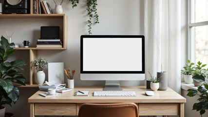 Chic Minimalist Office Workspace with Sleek Computer and Soft Lighting