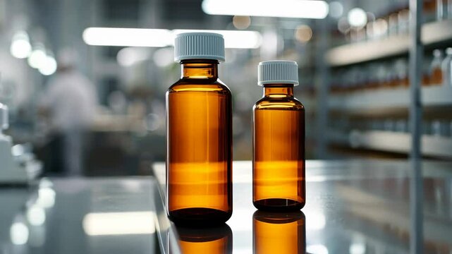 Medicine jars and bottles with clear white labels, representing concept of pharmacology, meticulous drug production, emphasizing role of regulated processes in modern medical treatments.