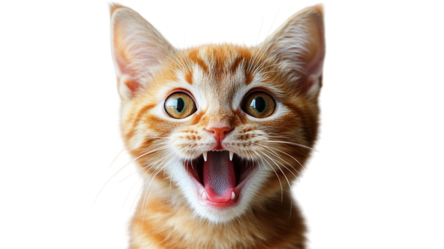 Happy orange kitten portrait. Transparent background png.