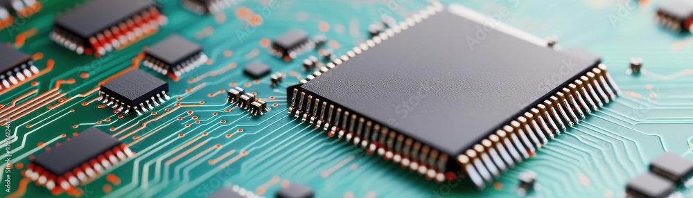 Aufkleber close-up view of an electronic circuit board featuring a microchip and intricate circuitry, showcasi