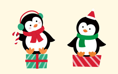 Set of cute Christmas penguins vector illustration.
flat style christmas penguin element.
