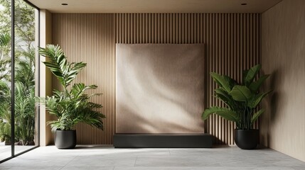 Modern Minimalist Interior Design with Green Plants and Textured Wall