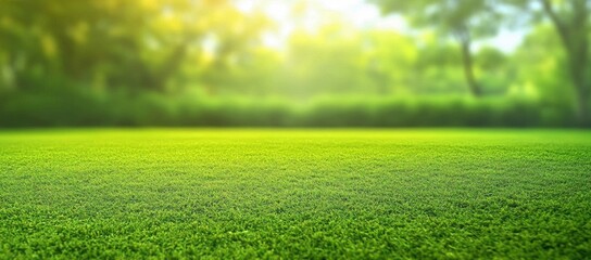 Naklejka premium Lush Green Lawn and Tranquil Natural Landscape in Early Morning Light with Soft Fog and Leafy Trees