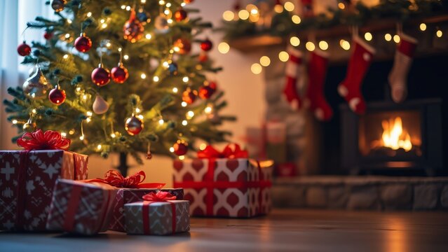 Festive Christmas Tree with Gifts, Warm Holiday Scene
