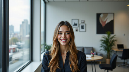 Fototapeta premium Professional Woman on Video Call in Modern Office with Large Window