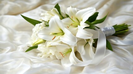 Elegant white lily bouquet on soft satin fabric