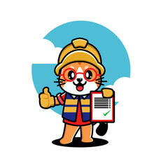 Cartoon cat in safety gear holding a checklist, giving a thumbs up.