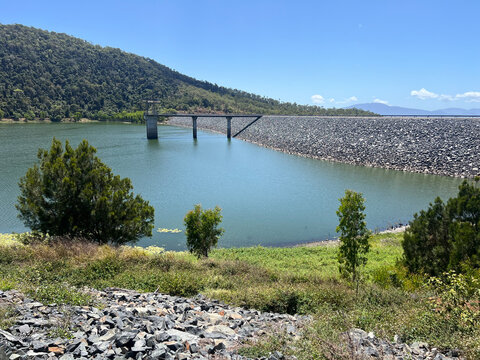 Panoramic aerial landscape view of Lake Proserpine dam