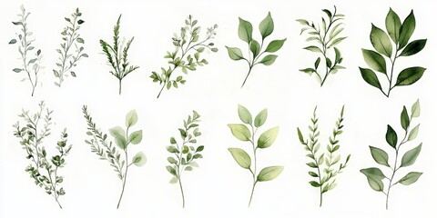 Watercolor Illustration of Green Plants Leaves and Wildflowers for Wedding Stationery Backgrounds and Textures