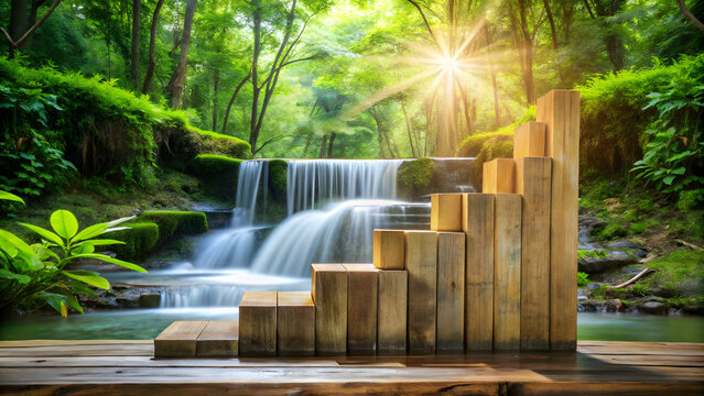 serene waterfall chart made of layered wooden blocks, surrounded by lush greenery and tranquil stream. sunlight filters through trees, creating peaceful atmosphere