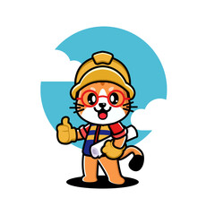 Cute construction cat with hard hat, glasses, and blueprint, giving a thumbs up.