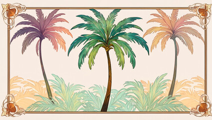 Obraz premium Vibrant tropical art featuring palm trees against a pastel sky in a decorative design