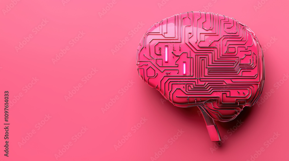 Poster quantum computing education concept. a vibrant pink brain with circuit-like patterns, symbolizing th