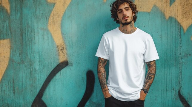 A man with tattoos on his arms stands in front of a graffiti wall