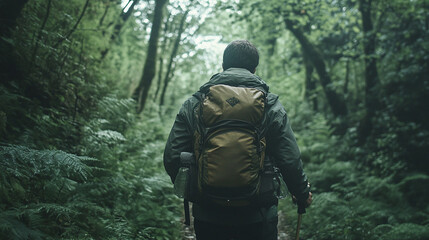 Fototapeta premium A man dressed in hiking gear, trekking through a dense forest, representing adventure and connection to nature