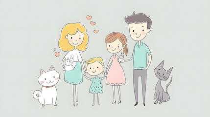 Charming cartoon illustration of a family with two playful cats, radiating warmth and happiness, depicted in soft pastel tones with hearts.