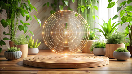 circular wooden base features glowing radar chart, surrounded by lush green plants, creating serene and modern atmosphere