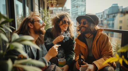 Obraz premium Three young adults smoking marijuana outdoors in the city.