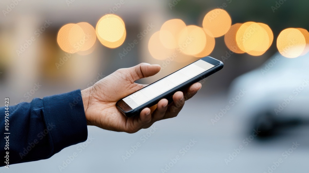 Aufkleber a hand holding a smartphone in a blurred urban setting with soft glowing lights in the background, s