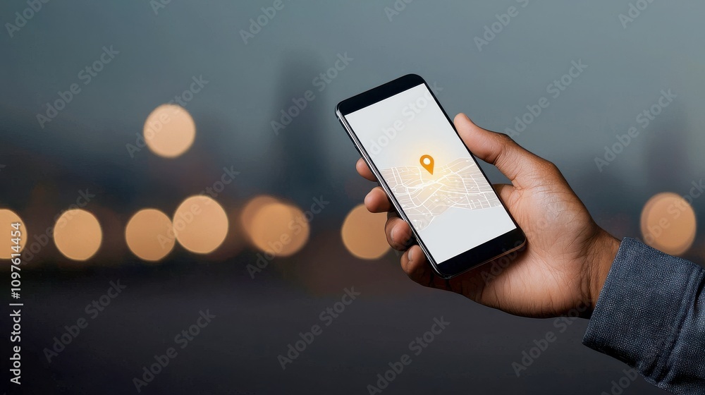 Poster a hand holding a smartphone displaying a location marker on a blurred city background, suggesting na