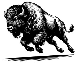 Full-length bison, black and white vector sketch isolated on white background  © Vector Deluxe Studio